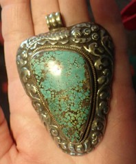 Ex Lg Repousse Sterling Silver Pendant with large Turquoise and scorpion design
