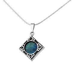 Sterling Silver Blue Green King Solomon Eilat Stone Necklace Square Pendant