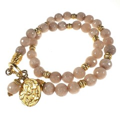 Gold Medallion Pendant Necklace Round Peach/Pink Jade Beads w/ Gold Toggle Clasp