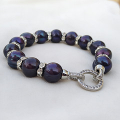 19cm Black Pearl Bracelet Crystal Zircon Spacers Silver-Tone Clasp Red Gift Box