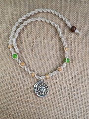Natural Hemp Necklace With Moon & Sun Charm, Wood Glass Beads Unisex 18 in Twist
