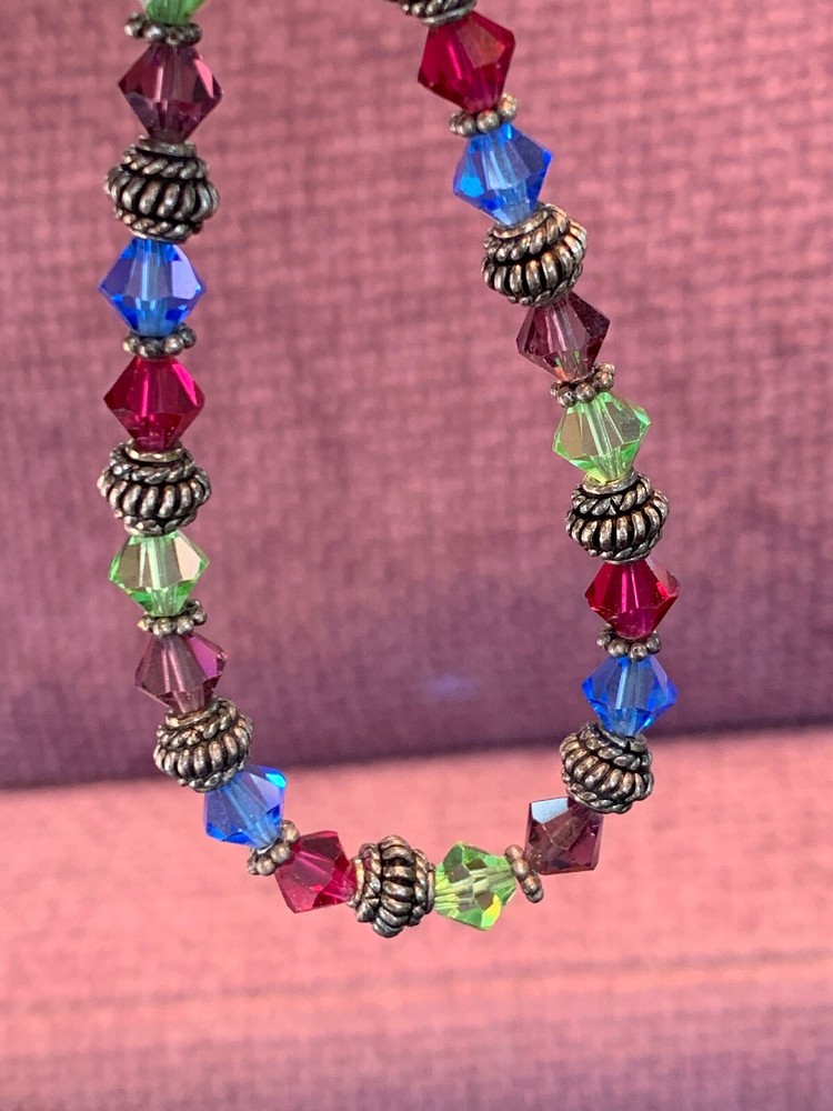 Pretty Silver Red Purple Blue Made With Swarovski Crystal Beaded Bracelet 7”