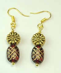 Maroon & Gold Etched Czech Earrings with Flowers Chic Handmade Jewelry