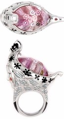 ALAN K. EXQUISITE COLLECTION FACETED PINK MURANO GLASS GONDOLA SHAPE SILVER RING