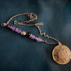 Mandala with Purple Beads Marcella Necklace Nobility Healing Tolerance Gold Tone