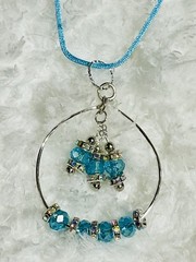 Turquoise Glass Beads W/AB Clear Rhinestone Spacers On Silver Hoop & 28” Cord