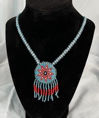 Vintage Beaded Necklace & Pendant – Leather & Beads – Blue Red White – Hand Sewn