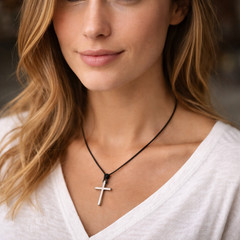 Titanium Steel Cross † on Hand Knotted Black Leather Necklace