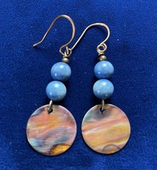 Hand Crafted Earrings Flame Painted Copper Discs Blue Stones Dangle 2.25″ Fired