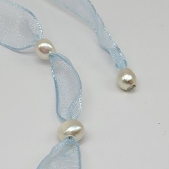 Lot of 4 Blue Organza Ribbon White 6.5mm Cultured Freshwater Pearl Necklaces