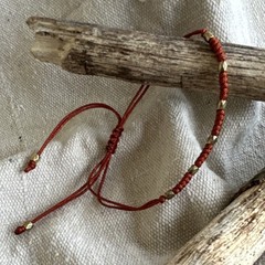Handmade Beaded Adjustable Cord Bracelet, Brown and Gold Brass, Slide Closure