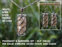 WHITE Biwa Stick Pearl Set – 16″ (40cm) – 925 SOLID Silver chain & cages