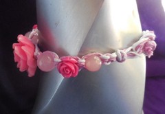 Pink Stone Rose Adjustable Hemp Bracelet Anklet with Rose Quartz Gemstone Beads