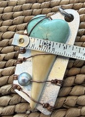 Blonde Shark Tooth Pendant Turquoise Wrapped Copper Handmade Artisan Signed