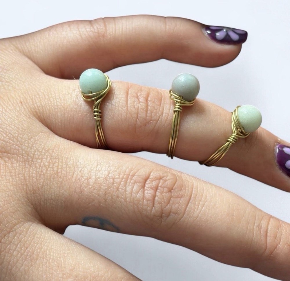 1 pc Handmade Amazonite wire wrapped crystal ring with gold copper wire