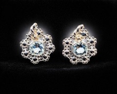 Aquamarine Stud Earrings 925 Sterling Silver Handmade 10ky Accents Azure Bloom