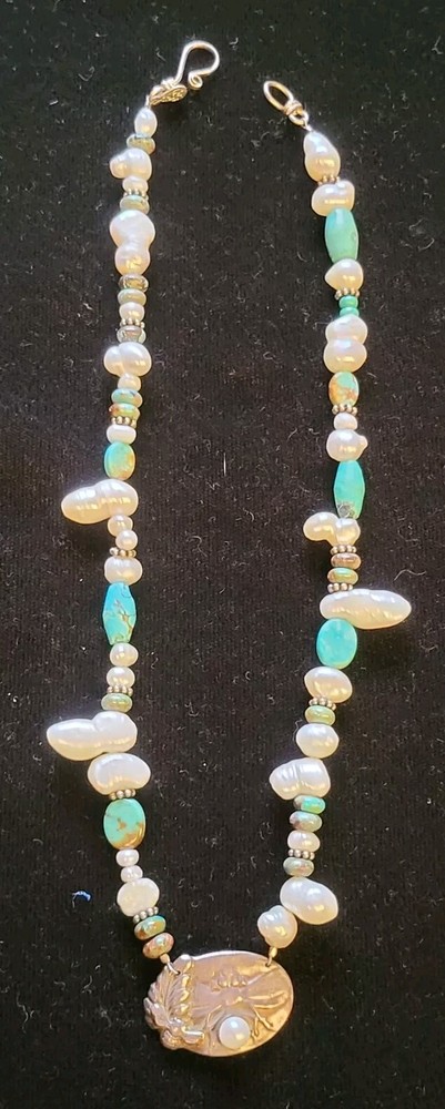 DAKOTA MOON Sterling Turquoise Natural Pearl Artisan Diana Contine Art Necklace