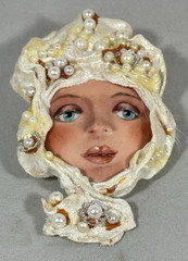 Vintage Mixed Media Face Brooch Pearl Embellished Fabric Art Jewelry 4”