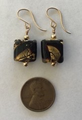 Marked 14K GF Gold Filled Chocolate Brown and Gold Swirl Glass Dangle Earrings
