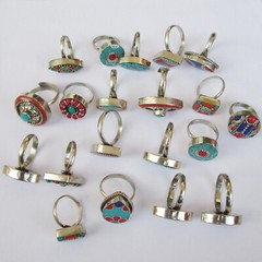 Tibetan Genuine Turquoise Coral Blue Lapis Jewelry Adjustable Unisex 20Rings Lot