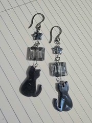 Handmade Blue Square Glass Bead Acrylic Cat Shaped Earrings French Hook Set