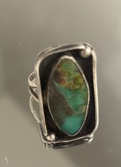 Silver Tone Statement Ring Size 6 Marquise Green/Brown Bezel Set Stone