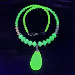 Uranium Vaseline Sea Glass Pendant and Faux Pearl Necklace. Handmade.