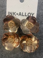 Ink + Alloy Gold Double Flower Post Earrings Statement Wedding Metallic