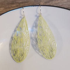 Handcrafted Lacy Yellow Green Filigree Slim Teardrop Enamel Pendant Earrings