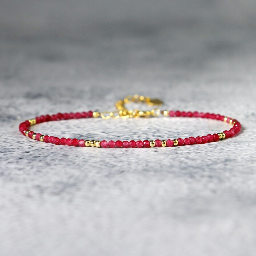 Natural Faceted Ruby Tiny 2mm Beads Healing Reiki Dainty Gold Chain Bracelet