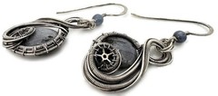 Larvikite Steampunk «Swish» Earrings in Sterling Silver with Blue Kyanite
