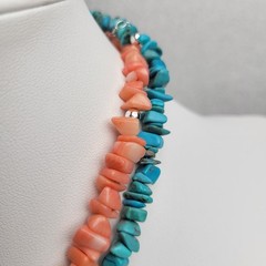 Turquoise, Spiny Oyster & Sterling Silver Beaded Necklace w/Disc Pendant 15-17″