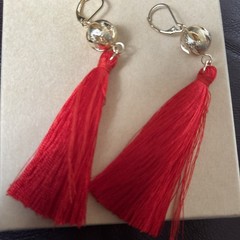 Red Silk Tassel Dangle Earrings W/GiftBox, Gold Accent Bead, Lever Back, 3” Drop