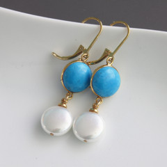 Turquoise and Shell Pearl Two Layer Earrings