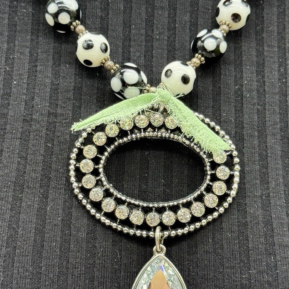 Adorned Crown Jewelry assemblage bead rhinestone pendant green ribbon necklace
