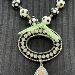Adorned Crown Jewelry assemblage bead rhinestone pendant green ribbon necklace