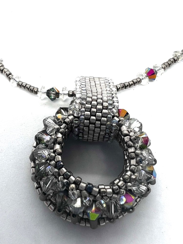 1980s Handcrafted Necklace Silver Seed Beads, Pearls & Crystal Circular Pendant