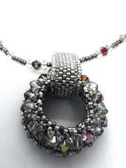 1980s Handcrafted Necklace Silver Seed Beads, Pearls & Crystal Circular Pendant