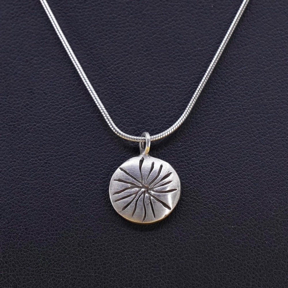 16”, vintage Sterling silver necklace, 925 snake chain sun circle tag pendant