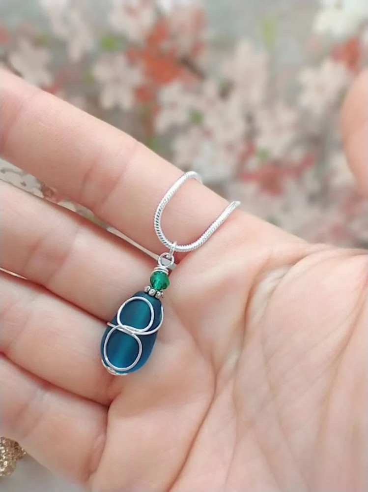 Teal Blue Sea Glass Necklace Minimalist Teardrop Necklace Handmade Pendant Gift
