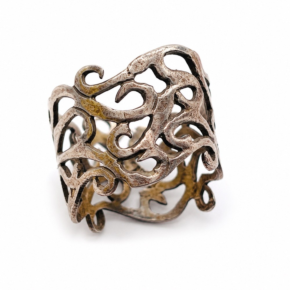 Vintage Sterling Silver 925 Ring Wide Filigree Scroll Boho Band Mexico Size 8.5