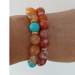Beaded Orange Agate and Turquoise Stackable Bracelet Gold Accent set of 2