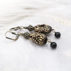 Black Victorian Earrings: Antique Brass Filigree, Acrylic Bead Dangle Jewelry