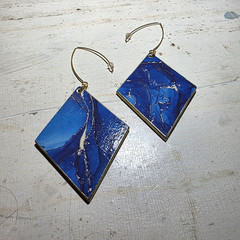 Handmade Abstract Wood Statement Earrings OOAK Deep Blue Gold Metallic Dangles