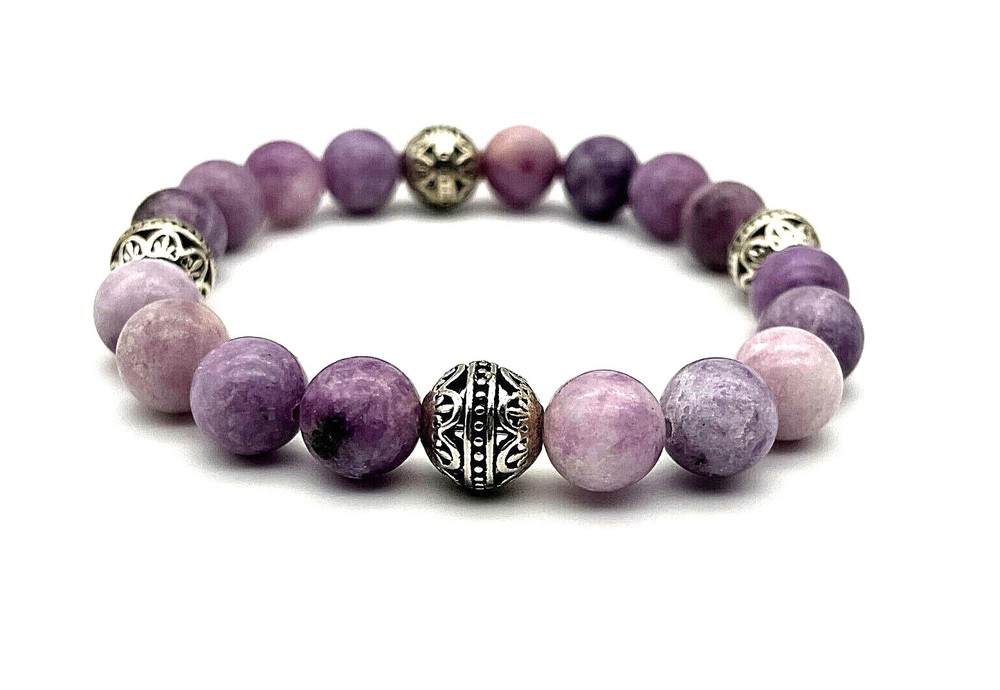 Rare 10mm Light Purple Lepidolite Gemstone & .925 Silver Bali Bead Bracelet