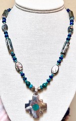 LOVELY Artisan Sterling Silver Malachite, Turquoise, Abalone Reversible Necklace