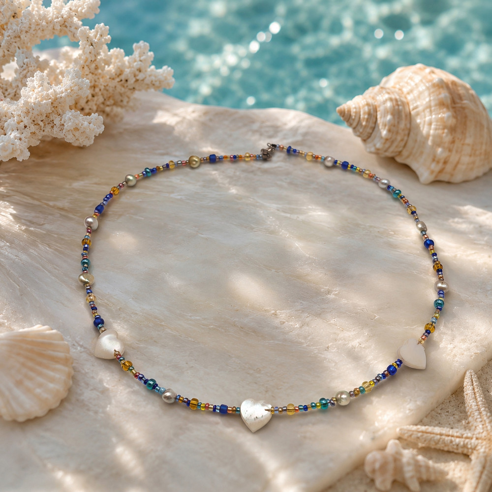 Mother Of Pearl Heart Necklace Cultured Pearl Multicolor Glass Seed Bead 18 In