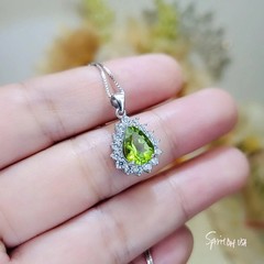 Genuine Teardrop Green Peridot Necklace Diamond Halo Pear Natural 2 CT Green