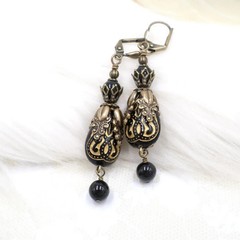 Black Victorian Earrings: Antique Brass Filigree, Acrylic Bead Dangle Jewelry