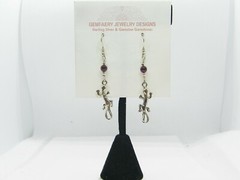 Sterling Silver Gecko Dangle Earrings w/ GARNET Dangle Earrings….Handmade USA